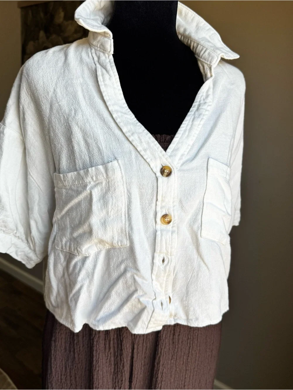 Altar'd State Cream Cropped Button-Up Collared Top - Picture 2 of 4